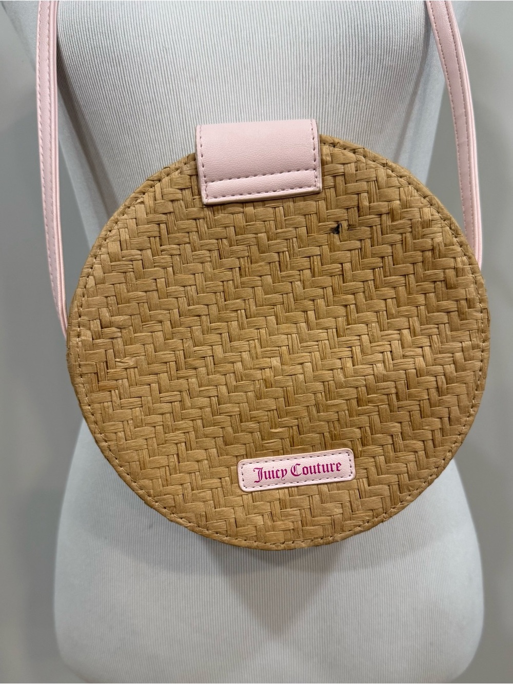 Juicy Couture Round Straw Woven Crossbody Bag Pink Bow Y2K Style Purse